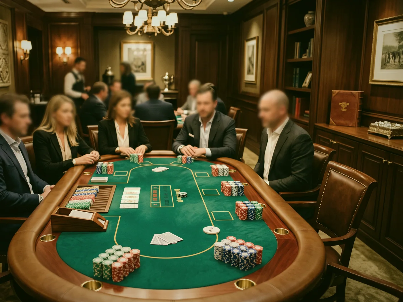 A house dealer laying out a hand of euchre across worn green baize.